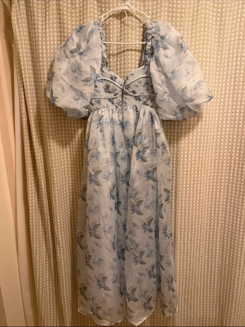 Sky Blue Floral Puff-Sleeve Midi Dress with Smocked Bodice